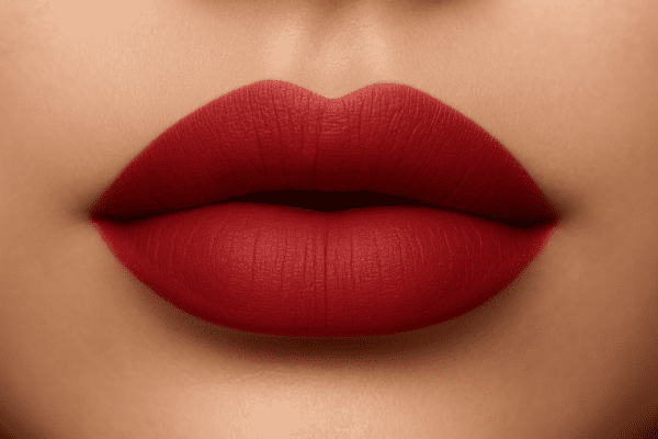 Close-up of lips with plush, even matte color after peel off liner, with a soft-focus, transfer-proof look.