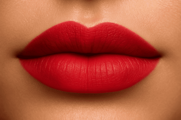 Macro of plump, hydrated lips in vivid matte color after peel off stain.