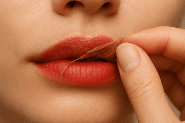 Macro of hand peeling dried lip stain film from lips, revealing vivid color.