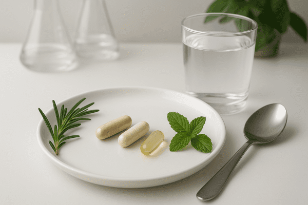 A polished arrangement of biotin, keratin, and collagen pills on a porcelain dish, with herbs and water, in a clinical-natural setting.