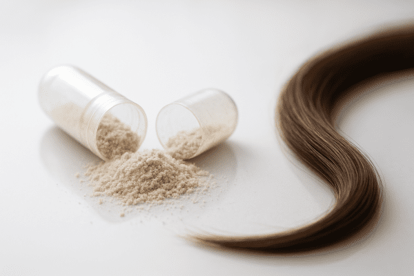 Macro of an open supplement capsule spilling biotin and keratin powder next to a shiny hair strand.