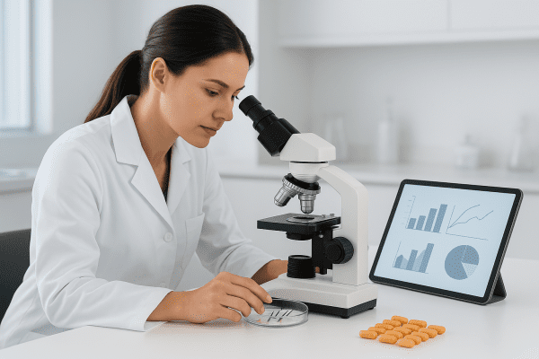 A scientist studies hair follicles under a microscope, with supplement pills and a tablet showing clinical graphs nearby.