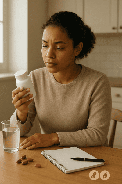 A woman at a kitchen table studies a supplement bottle, with pills, water, and allergen icons nearby.