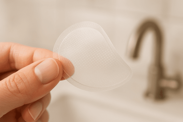 Macro view of a hand tilting a clear hydrocolloid patch, showcasing its thin, flexible, and hypoallergenic properties.