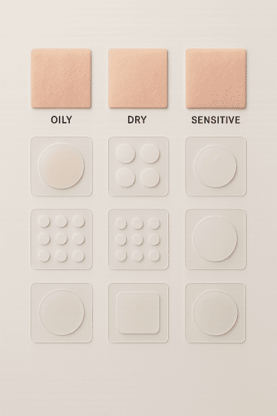 Organized flat lay of various pimple patches and realistic skin swatches for different types, arranged in a clinical grid.