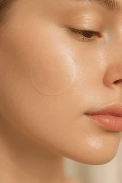 Close-up of a dewy, hydrated cheek with a seamless hydrocolloid patch covering a blemish, skin looks calm and healthy.