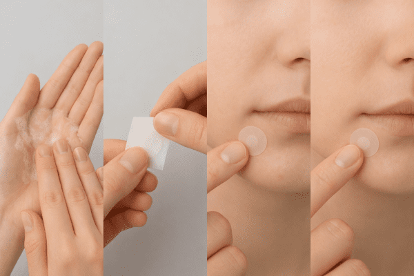 Stepwise left-to-right guide: clean hands, peeling a patch, applying over a blemish, and pressing gently to secure.