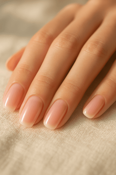 Ultra-close view of healthy pink fingernails with clean cuticles and radiant skin resting on ivory linen.