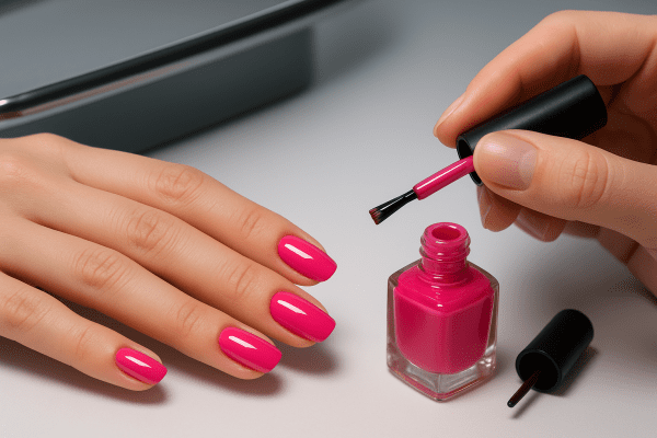 Close-up of hands painting glossy pink polish on shaped nails at a modern, neat manicure station.