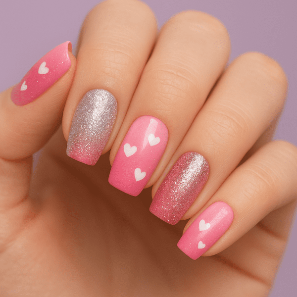 Manicured nails with alternating pink ombre, glitter, and heart designs.