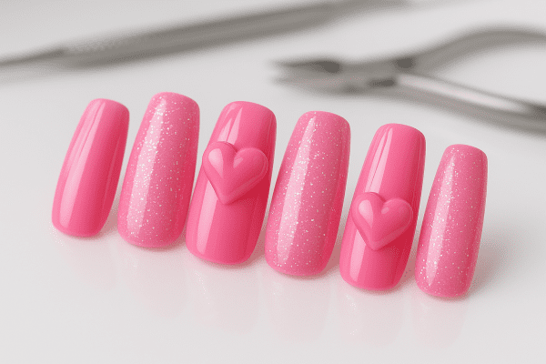Acrylic and gel pink nails with 3D hearts and glitter on a reflective surface.