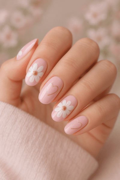 Pastel pink nails with hand-painted hearts and white daisies, gold accents on fabric.