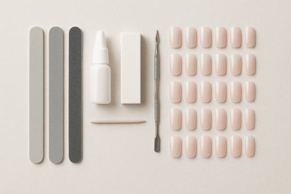 Orderly flat lay of a complete press on nail kit with files, glue, buffer, cuticle tools, and assorted nails on a pale background.