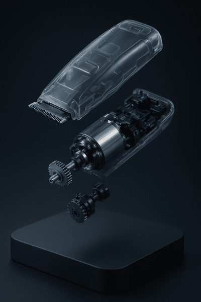 Exploded view of a cordless hair clipper with a transparent casing, revealing the rotary motor and copper windings above a matte black platform.