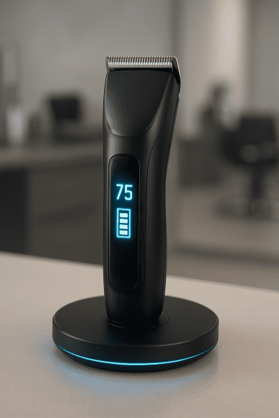 Cordless hair clipper with digital battery indicator on a wireless charger, set against a modern salon background.