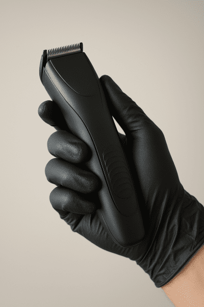 Gloved hand gripping a cordless hair clipper, highlighting ergonomic details with a clean gradient background.