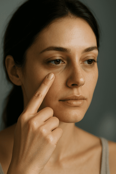 A woman with mild under-eye puffiness presses gently under one eye, her skin glowing in soft side-light.