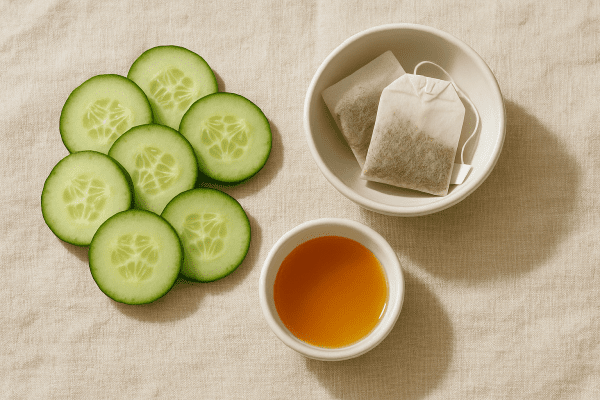 Flat lay of cucumber, chamomile tea bags, and honey on linen, representing gentle home remedies for puffy eyes.