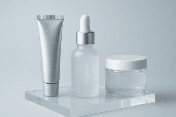 Eye cream tube, serum bottle, and gel jar on acrylic, with a clean blue gradient background.
