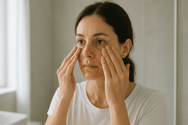 A woman gently presses her under-eye area, highlighting mild puffiness in a calm, modern bathroom.