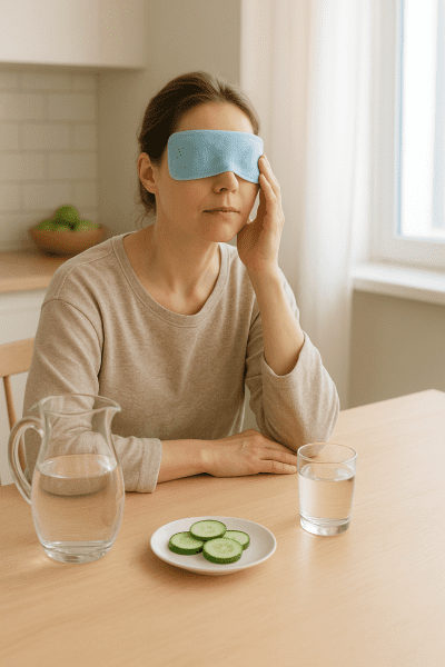 A woman relaxes at a kitchen table, applying a cool compress to her eyes with water and cucumbers nearby.