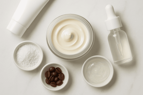 Flat lay of eye cream, caffeine powder, and hyaluronic acid on a clean vanity.