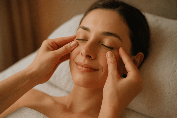 Hands gently massage the under-eye area of a relaxed woman on a soft pillow in a cozy bedroom.