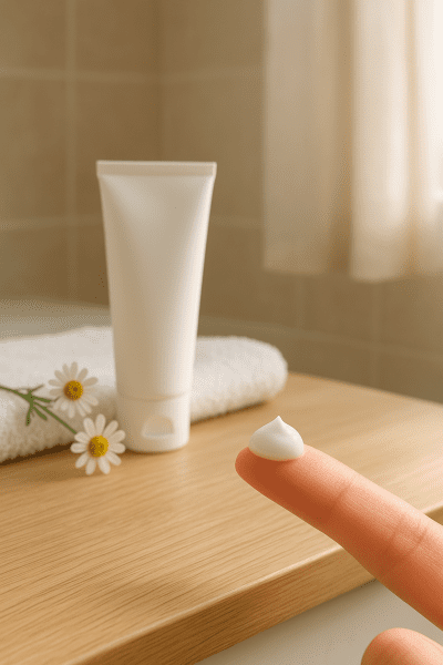 A tube of hypoallergenic rash cream, fluffy towel, and chamomile on an oak counter with cream on a fingertip.