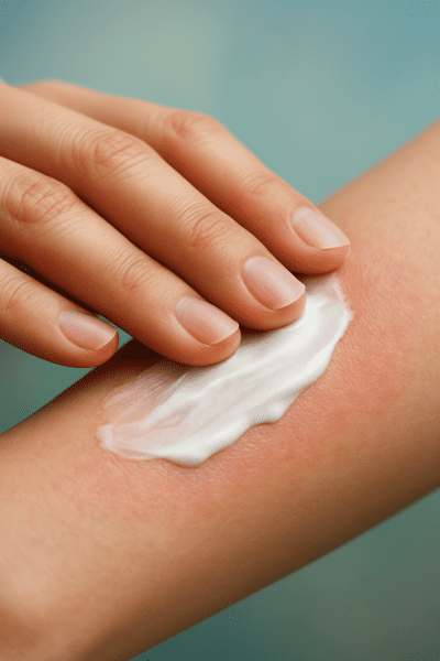 Macro image of moisturizing rash cream being gently rubbed into a reddened forearm.