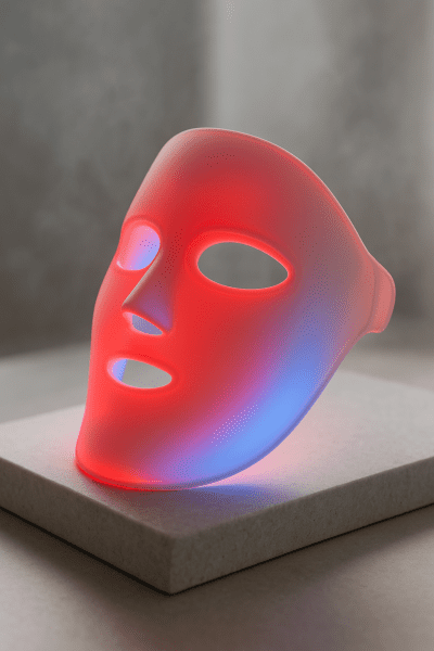 A luxurious close-up of a glowing red and blue light therapy mask on a matte stone slab in a spa-like setting.