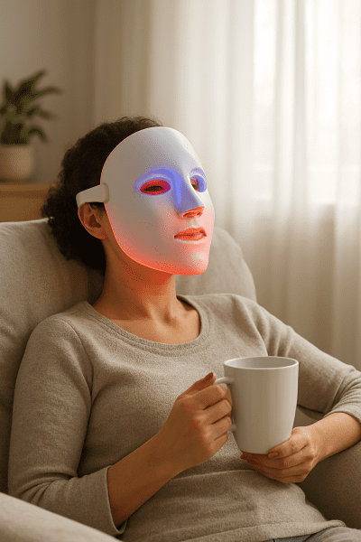 A person in a plush chair, wearing a glowing light therapy mask, relaxing with a mug in a sunlit living room.