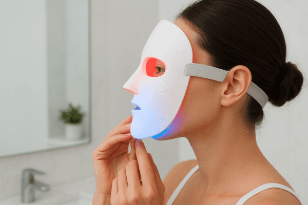 Profile view of a person adjusting a glowing therapy mask in a bright bathroom with a marble counter and greenery.