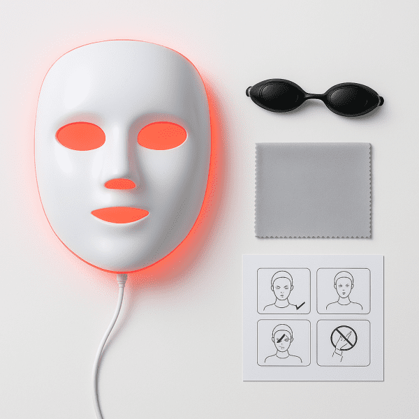 Overhead flat lay of a red and blue light mask, goggles, cleaning cloth, and illustrated manual on a white background.
