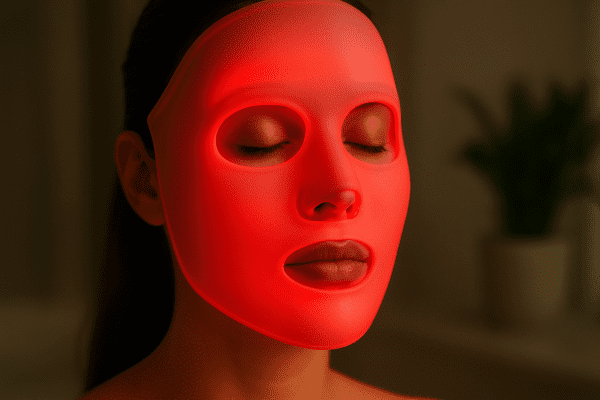 Woman in a red LED mask, healthy glowing skin, tranquil spa background.