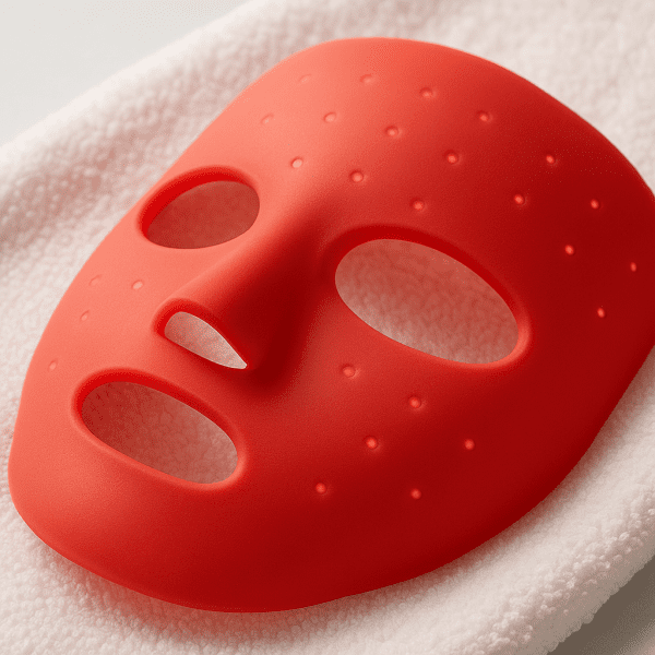 Close-up of red LED mask's soft silicone surface, gentle on skin.