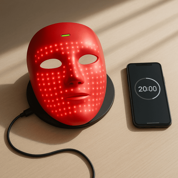 Red LED mask on wireless charger with phone timer, sunlight highlights.