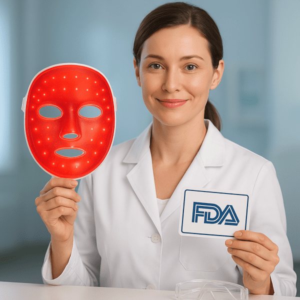 Woman holding LED mask and FDA card, medical office background.