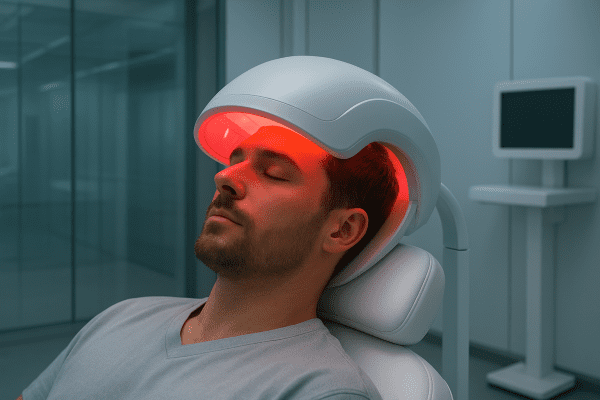 Patient in a high-tech medical suite using an ergonomic red light therapy helmet for hair restoration.
