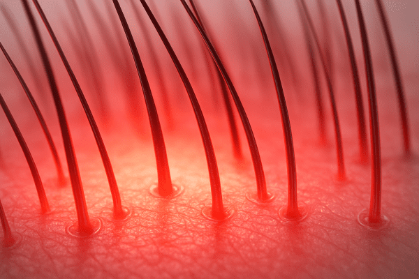 Macro visualization of scalp and follicles under red and near-infrared light showing healthy skin detail.
