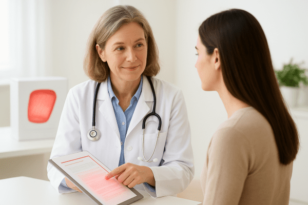 Dermatologist and patient in safety consultation, FDA-cleared device box in background.
