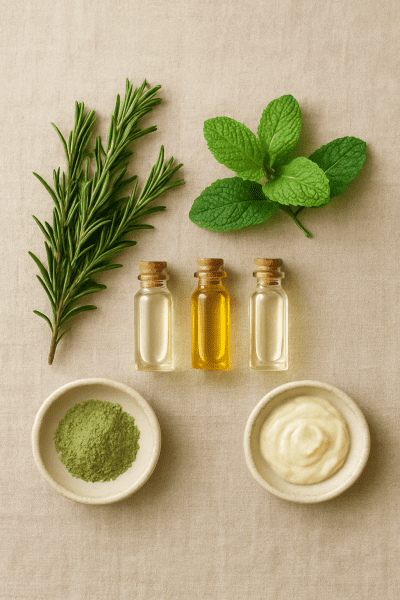 Flat lay of fresh rosemary, mint, glass vials of oils, and plant actives on beige linen.