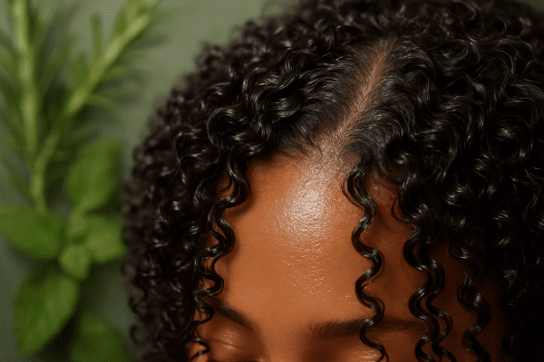 Close-up of hydrated, shiny curls and a healthy scalp with blurred herbal hints.