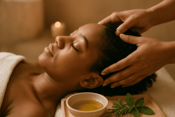 Hands gently massaging herbal oil into a coily-haired scalp, spa ambiance with oil bowl and herbs.