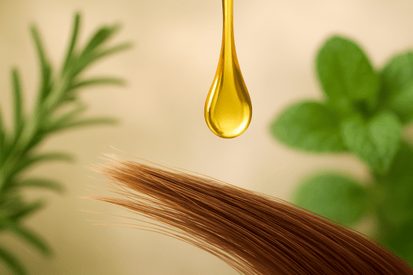 Macro of oil drop on smooth hair ends, blurred herbal greens in the background.