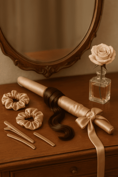 Satin heatless curling set arranged with hair on a vintage vanity, with a rose and perfume bottle.