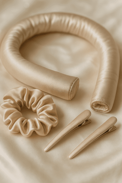 Extreme close-up of satin curling set components on an ivory scarf, showing texture.