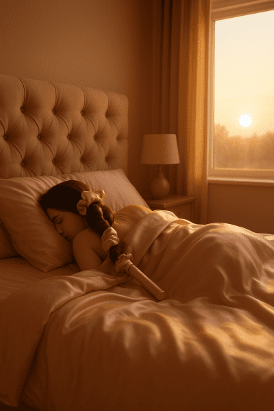 Person sleeping on blush satin bedding with hair in a satin curling set.