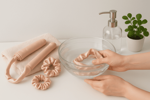 Satin curling set being hand-washed in a bowl, accessories drying on a towel.
