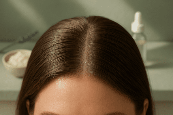 Macro view of a healthy, flake-free scalp in soft sunlight with gentle natural care products blurred in the background.