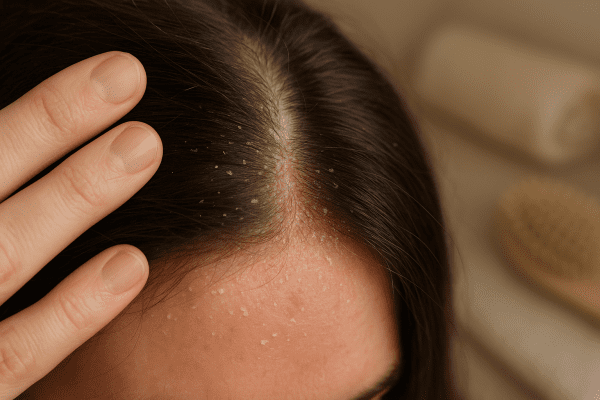 Detailed close-up of a human scalp with dandruff flakes and mild redness, hair parted by hand.
